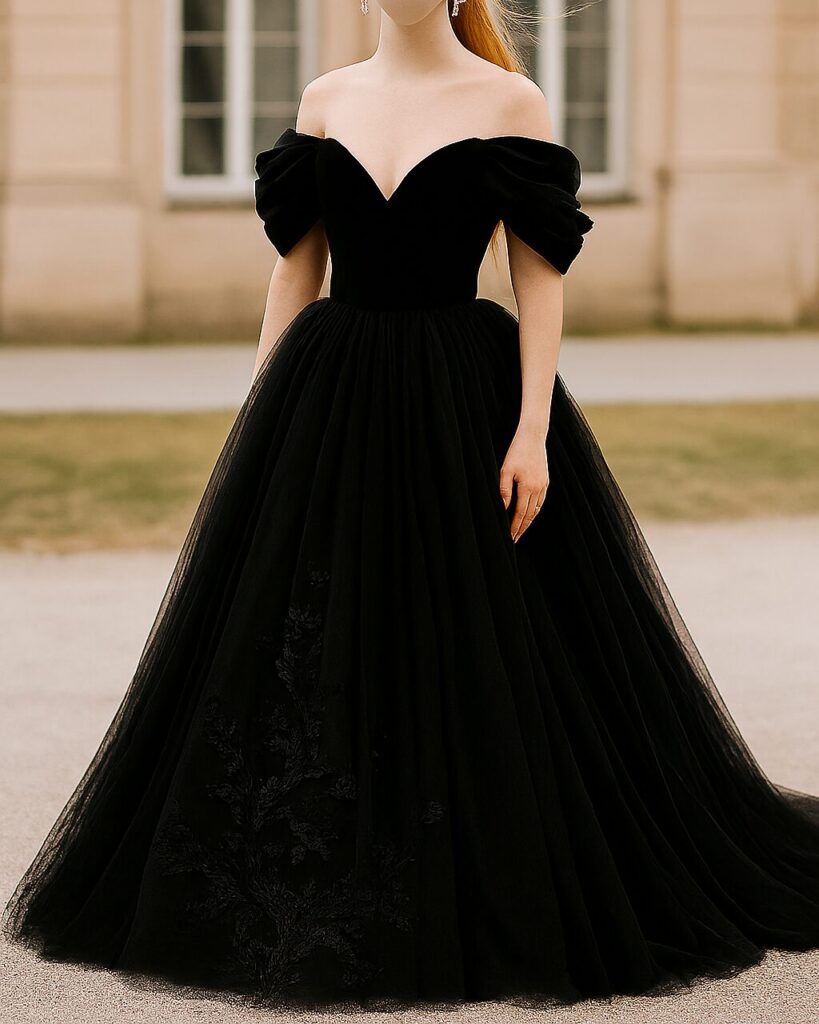 Bride wearing a stunning black wedding dress, styled with elegant accessories for a unique and modern bridal look.
