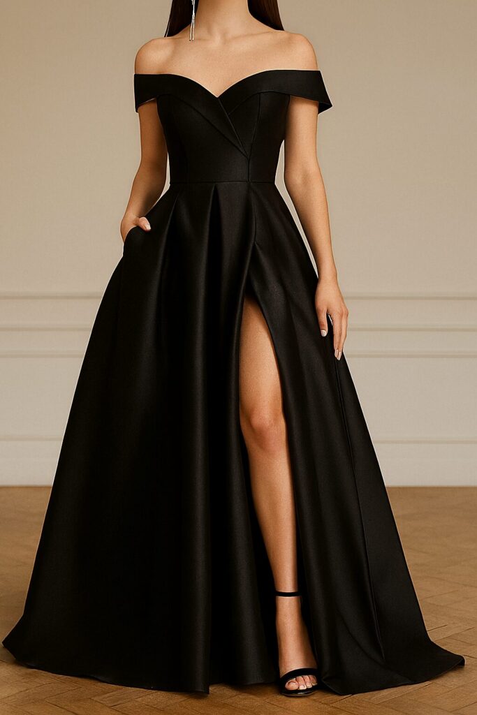 Bride wearing a stunning black wedding dress, styled with elegant accessories for a unique and modern bridal look.
