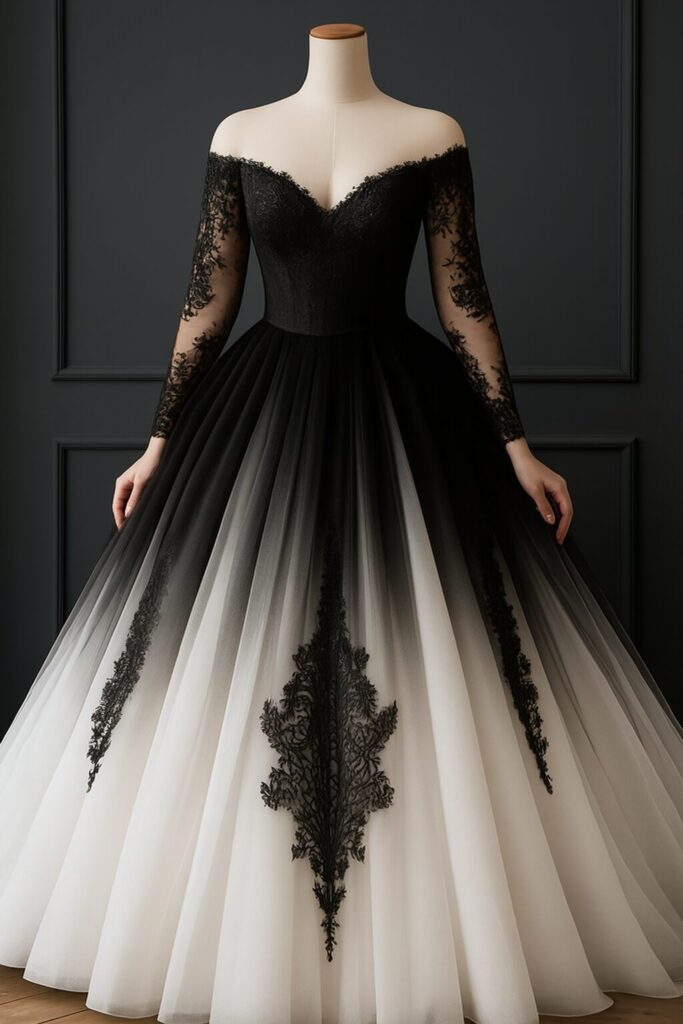 Bride wearing a stunning black wedding dress, styled with elegant accessories for a unique and modern bridal look.