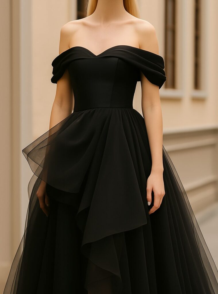 Bride wearing a stunning black wedding dress, styled with elegant accessories for a unique and modern bridal look.