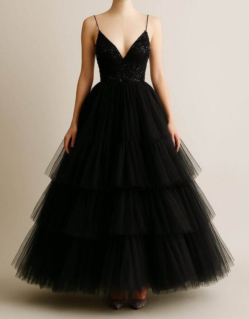 Bride wearing a stunning black wedding dress, styled with elegant accessories for a unique and modern bridal look.