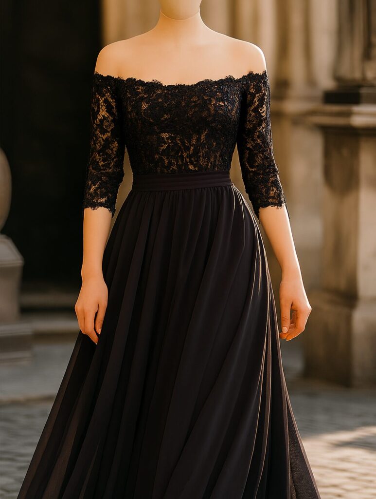Bride wearing a stunning black wedding dress, styled with elegant accessories for a unique and modern bridal look.