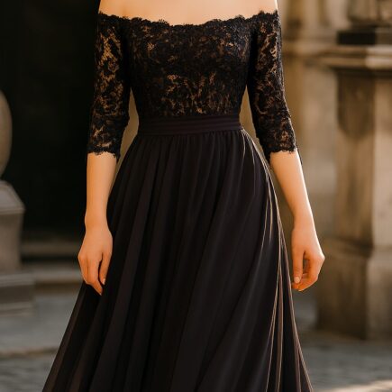 Bride wearing a stunning black wedding dress, styled with elegant accessories for a unique and modern bridal look.