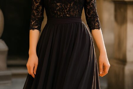 Bride wearing a stunning black wedding dress, styled with elegant accessories for a unique and modern bridal look.