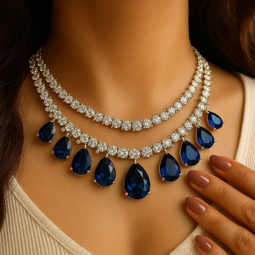 Bride wearing diamond necklace on her wedding day