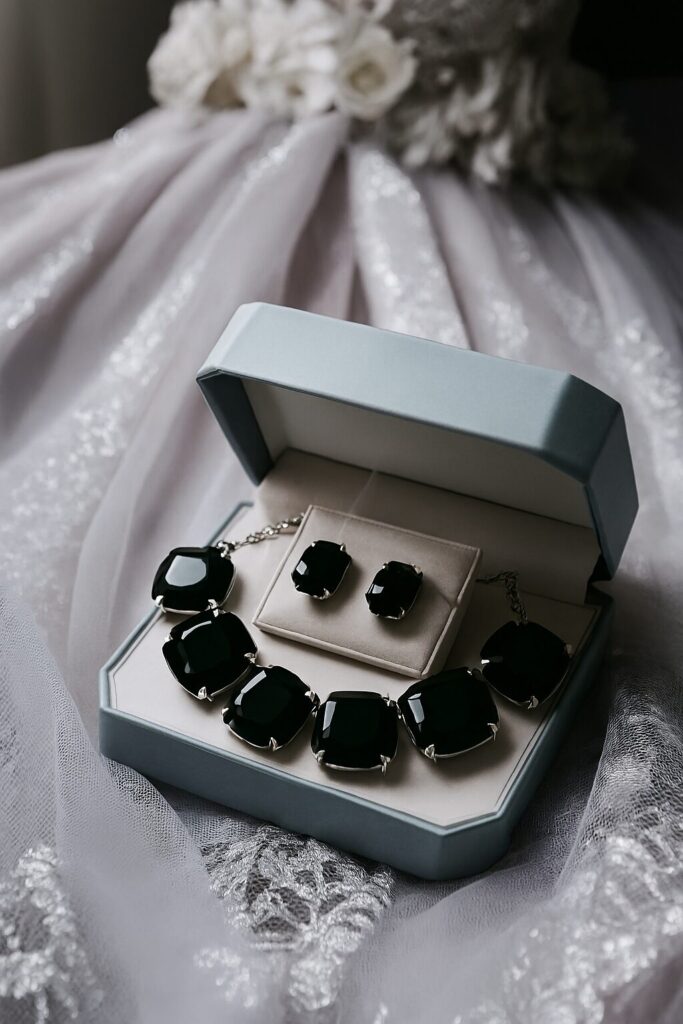 Bride wearing diamond necklace on her wedding day