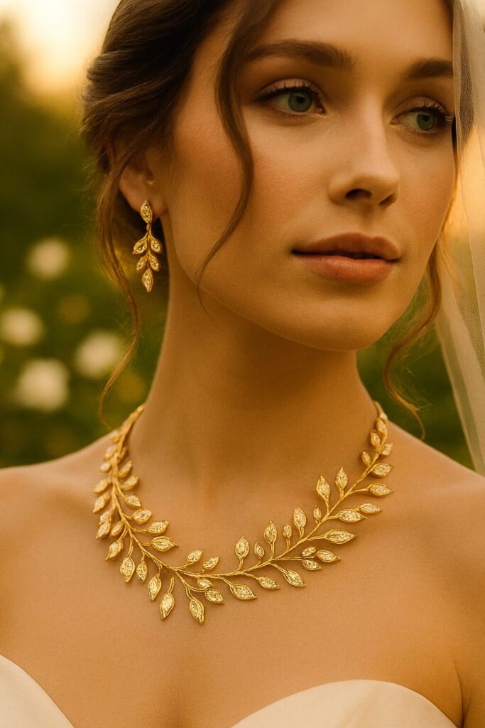 Bride wearing diamond necklace on her wedding day