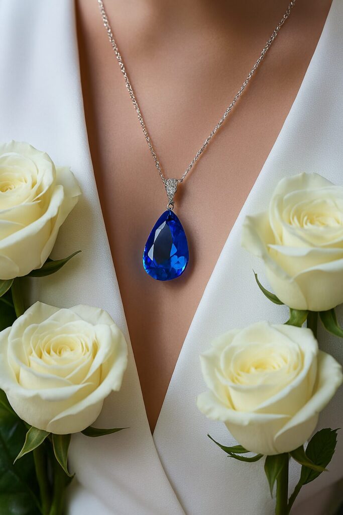 Bride wearing diamond necklace on her wedding day