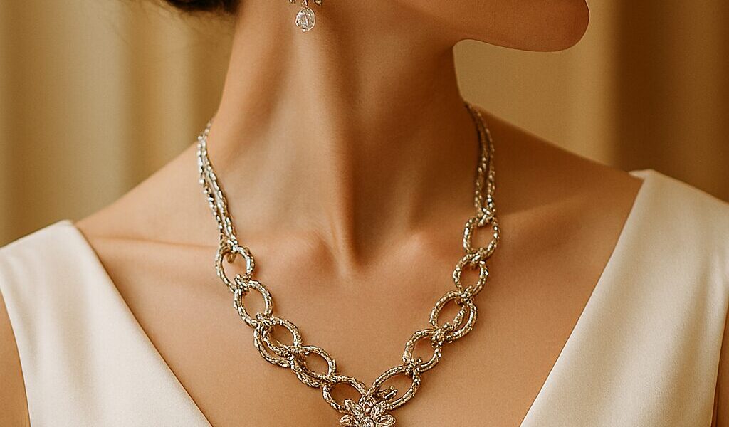 Bride wearing necklace on her wedding day