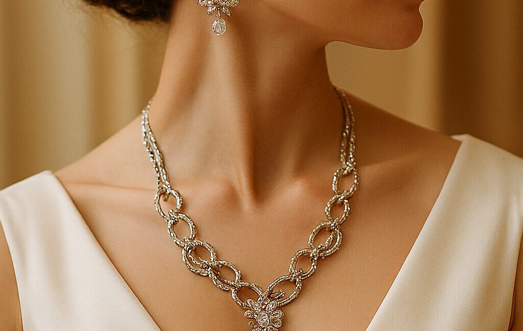 Bride wearing necklace on her wedding day