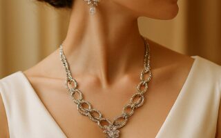 Bride wearing necklace on her wedding day