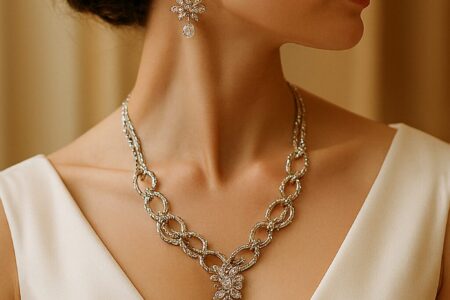 Bride wearing necklace on her wedding day
