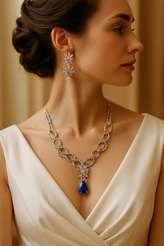 Bride wearing diamond necklace on her wedding day