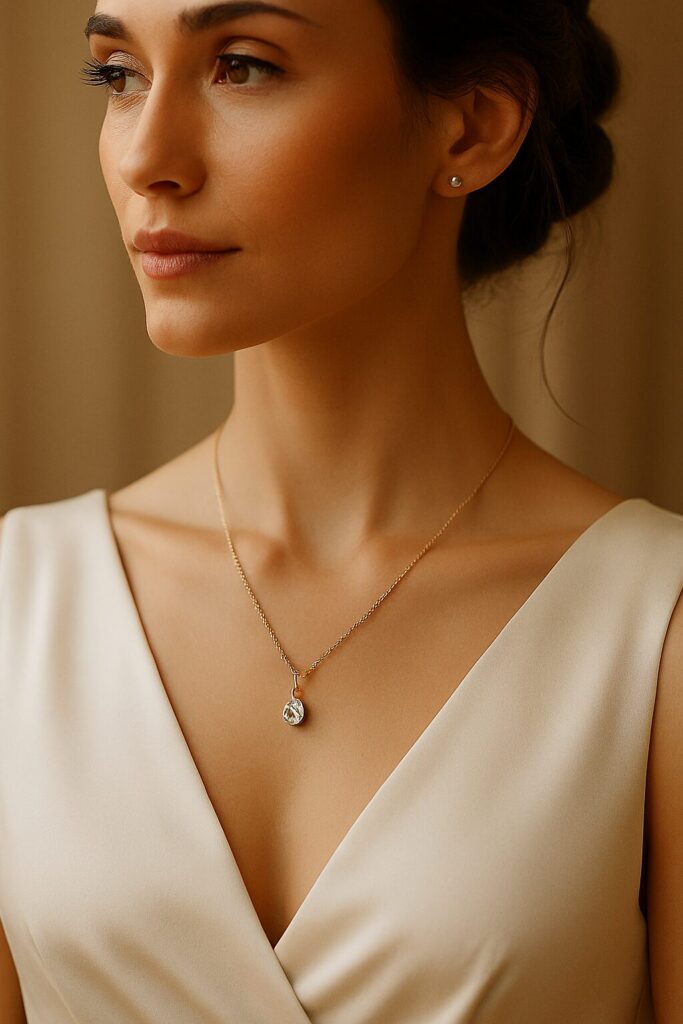 Bride wearing diamond necklace on her wedding day