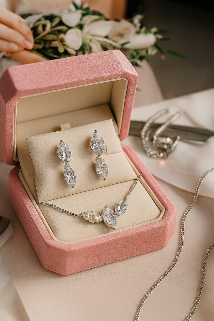 Bride wearing diamond necklace on her wedding day