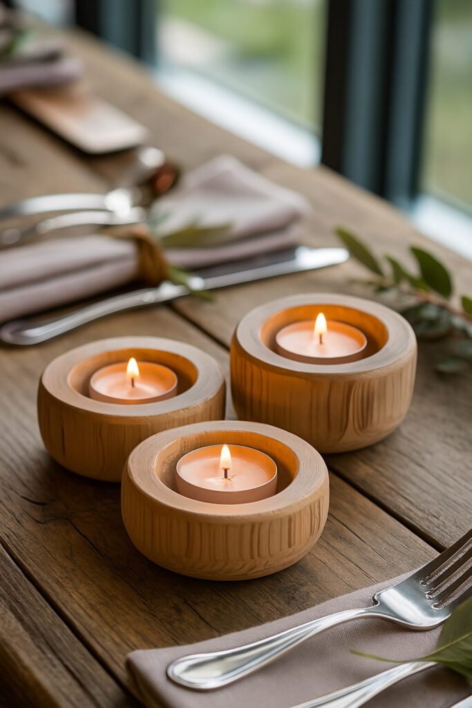 Rustic wedding table setting with wooden elements